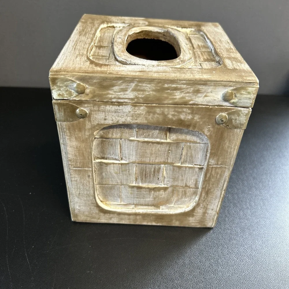 Rustic Cabin Upcycled Wooden Tissue Box Cover Square Facial Holder Hinged Lidded